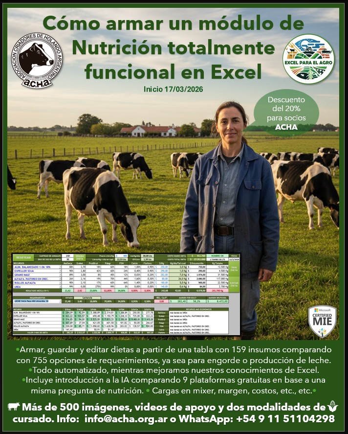 Les acercamos una nueva propuesta de Capacitación junto a @exeleparaelagro: como armar un módulo de nutrición animal en Excel, una gran herramienta al alcance de todos, dirigida a productores, técnicos, asesores y personal de campo.
Consúltanos al 011.51104298 o info@acha.org.ar