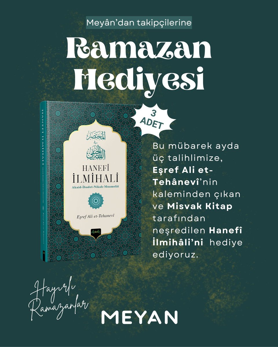 🌙 Ramazan-ı Şerif Hediyesi Çekiliş Şartları

Hediye:
📖 Hanefî İlmihâli

Katılım Şartları:
- Takip et 
- Rt yap

Son katılım tarihi: 24 Şubat/5 Ramazan
 
Sonuçlar bu gönderi altında duyurulacaktır.
Türkiye içi gönderim ücretsizdir.
