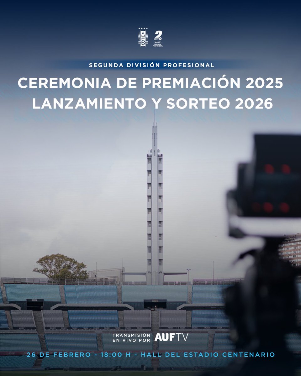 ✨ 𝗗𝗼𝗻𝗱𝗲 𝘁𝗲𝗿𝗺𝗶𝗻𝗮 𝘂𝗻𝗮 𝗵𝗶𝘀𝘁𝗼𝗿𝗶𝗮 𝘆 𝗲𝗺𝗽𝗶𝗲𝘇𝗮 𝗼𝘁𝗿𝗮

La <a href="/SegundaAUF/">Segunda División Profesional</a> celebra a sus protagonistas y comienza a escribir el nuevo capítulo del 2026.

📍 Hall del Estadio Centenario
➡️ 26 de febrero | 18:00 h
📺 En vivo por AUF.tv