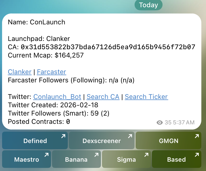 Solid alert from this morning in our "Base Strong Zora / Clanker / Aero channel"

ConLaunch
$CLAUNCH
0x31d553822b37bda67126d5ea9d165b9456f72b07
Alerted at ~$164K MC.
Now at $1.2M MC (ATH $1.3M)

~7x move in hours.

Eliminate the Noise.