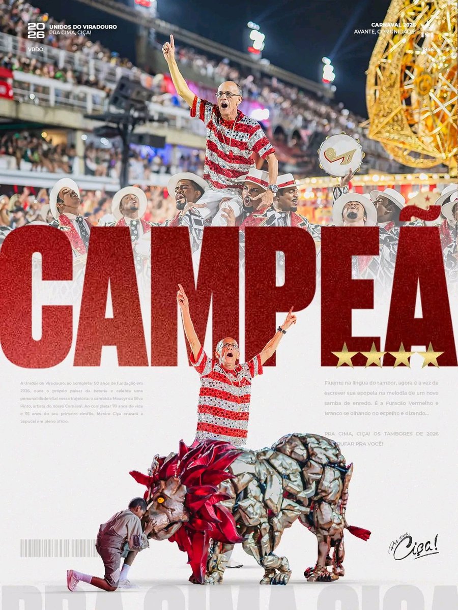 Viradouro é a CAMPEÃ do Carnaval 2026 na Sapucaí.

Nesse ano, eles homenagearam Mestre Ciça, ícone do carnaval carioca.