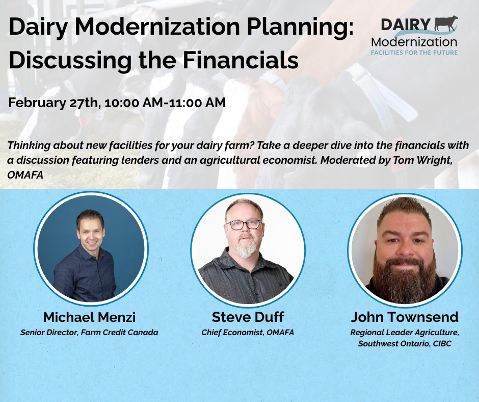 Dairy_Mod's tweet photo. Join us on Friday Feb 27 for a discussion on planning the financials of modernizing your dairy barn. We'll run through scenarios with our panel of lenders and economists.

Register here: https://t.co/mvDIPSvIAS https://t.co/QsvAkxIjxD