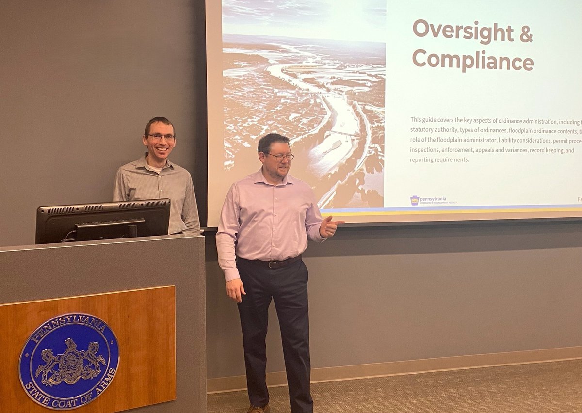 T&amp;M’s Anton Getz &amp; Zach Ranstead led a @pemahq NFIP training for local officials, covering floodplain management, digital flood maps, permitting, elevation certificates, &amp; insurance requirements.
Join the next free in-person session April 8–9 in Media, PA. ow.ly/3HnN50YhPnX
