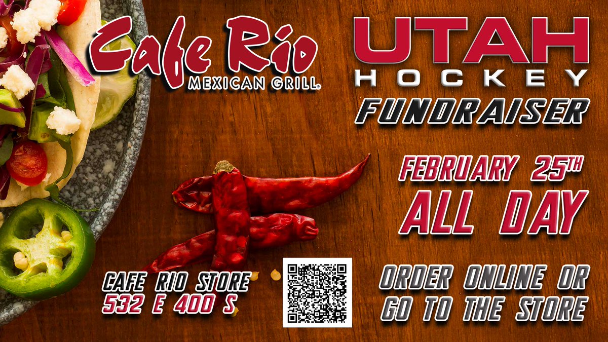 Utah Hockey is excited to partner with Cafe Rio for a fundraiser next Wednesday on February 25, 2026. Get fresh food, made fresh and 20% of the proceeds is donated to Utah Hockey! Read the details here: ow.ly/zYtw50YhP1i