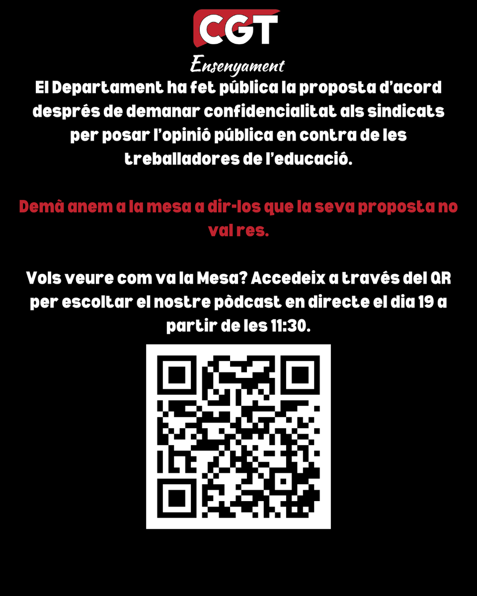 🔴⚫️Demà Dijous 19 programa en directe en què seguirem la Mesa de Negociació amb el Departament d'Educació 

✊🏽Explicarem la proposta del Departament i retransmetrem la Mesa Sectorial 

🔊Segueix aquí el directe👇🏾

youtube.com/live/m3tCOKIf9…