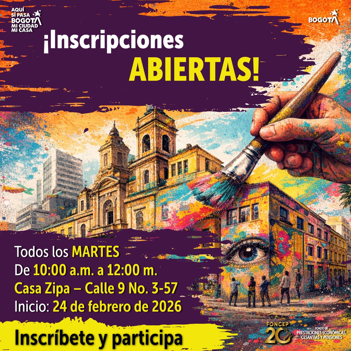 ✅ ¡Inscripciones abiertas al Laboratorio de Artes Plásticas!

Un espacio de creación, formación y exploración artística en el centro de Bogotá, donde podrás trabajar con diferentes lenguajes artísticos, aprender y compartir en comunidad.

🗓 Todos los martes
📍 Casa Zipa, Calle