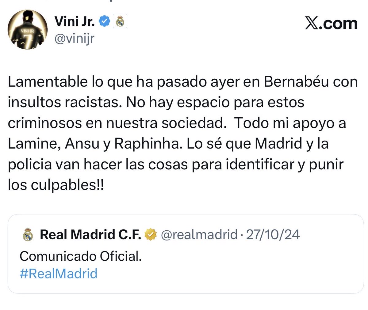 <a href="/eLPeritaCule/">Pedro</a> Dices en el vídeo: "Aquí no recuerdo que pasara nada"

Pues tienes muy mala memoria, máquina, porque Vini fue el primero en denunciar ese acto de racismo y el Real Madrid emitió un comunicado en contra de lo que pasó.

Infórmate antes de hablar y quedar en ridículo