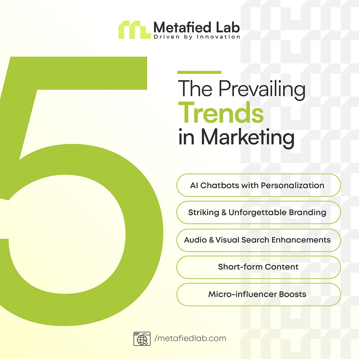 MetafiedLab's tweet photo. Marketing in 2026 is all about AI chatbots, unforgettable branding, and short-form content. Leverage audio/visual search and micro-influencers to boost your reach. Stay ahead and make your brand impossible to ignore!

#MarketingTrends #DigitalMarketing #AIChatbots https://t.co/9J2ujqgUL6