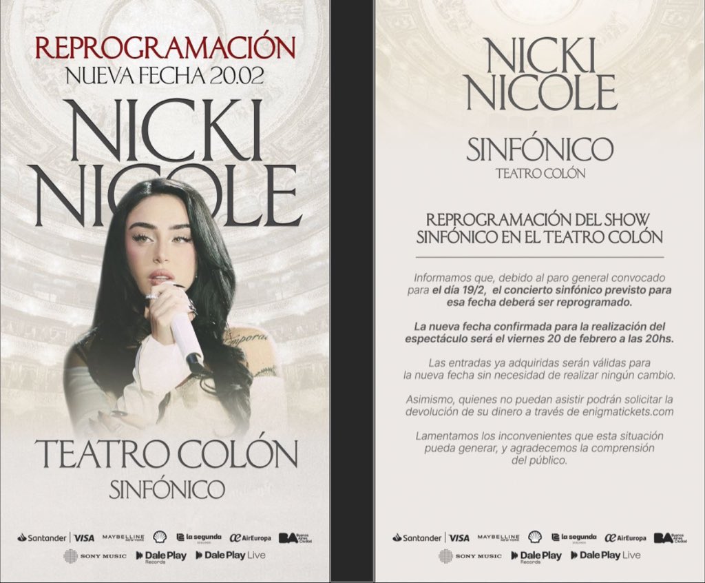 🎫 Nicki Nicole reprogramó su show en el Teatro Colón por el paro general:

“Mañana es un día muy importante para el país. Creo en el derecho de lxs trabajadorxs a expresarse y acompañarse en momentos como este”