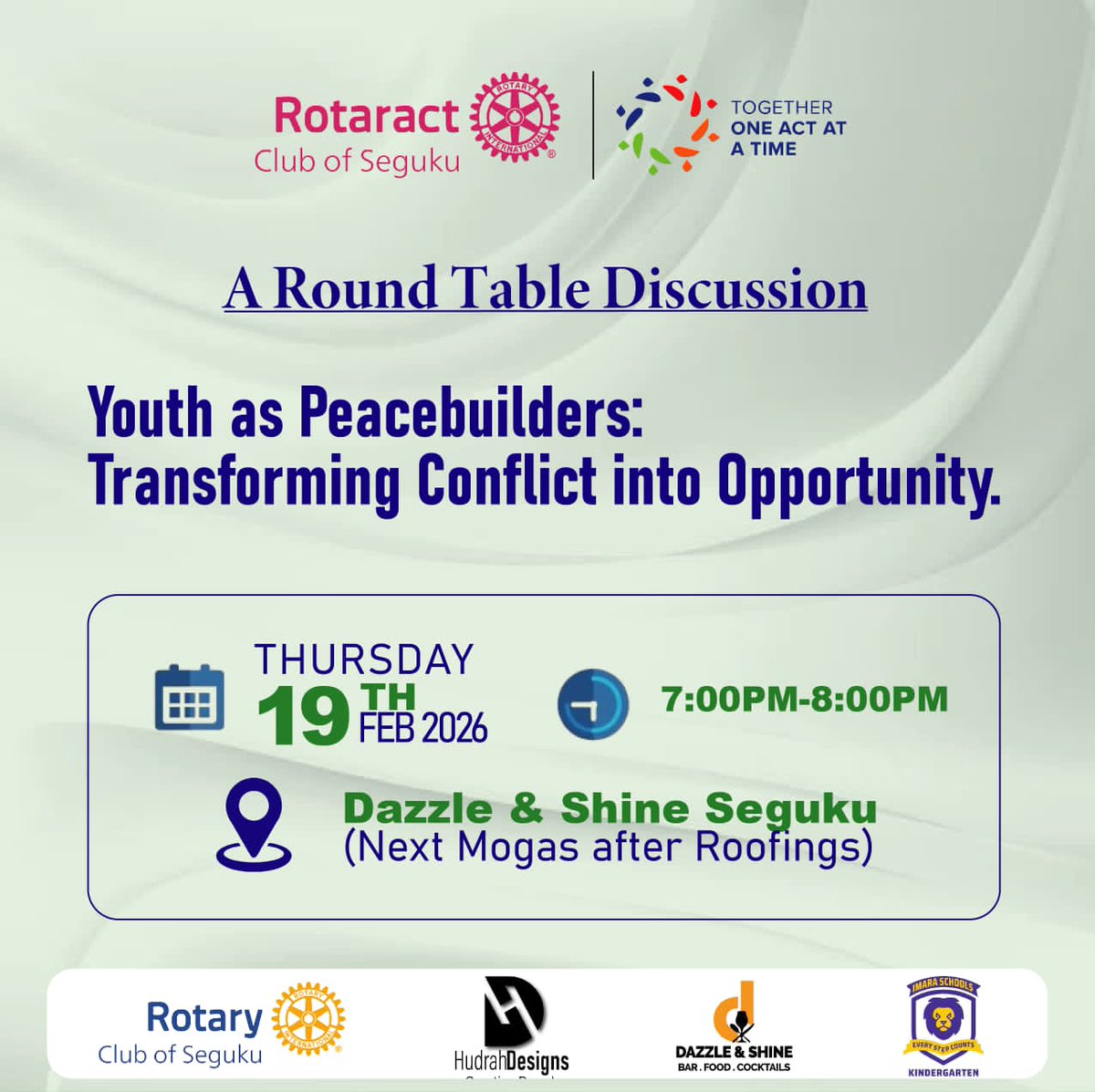 Rotaract_Seguku's tweet photo. Service Above Self in action. 🤝💙
Join us for a Round Table Discussion on Youth as Peacebuilders: Transforming Conflict into Opportunity.
🗓 Thursday, 19th February 2026
⏰ 7:00PM – 8:00PM
📍 Dazzle &amp; Shine Seguku
Together, one act at a time. 🌍✨
#Rotary #paobc
#RISERCONCERTD2 https://t.co/YyPPudiUQJ