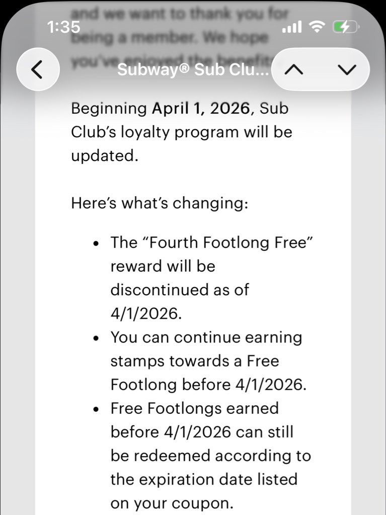 BRTXCX's tweet image. .@SUBWAY’s newest rewards program introduced this year offering a “fourth footlong free” reward is already being discoutinued this April 1st.

#Subway