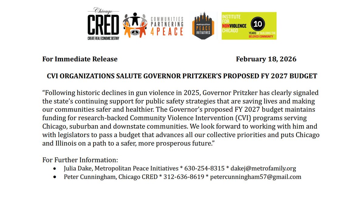 MPInitiatives's tweet image. "Following historic declines in gun violence in 2025, Governor Pritzker has clearly signaled the state’s continuing support for public safety strategies that are saving lives." Read our statement on @govpritzker's proposed FY 2027 budget.  #Chicago #CVI #CVIWorks