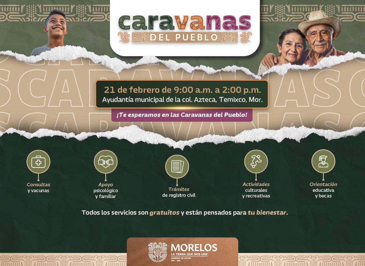 ¡Este 21 de febrero no te puedes perder las Caravanas del Pueblo en Temixco! 

🏙️ De 9:00 a 14:00 en la Ayudantía Municipal de la Col. Azteca. 🏥 Servicios gratuitos como consultas médicas, apoyo psicológico, trámites de registro civil, y mucho más. 

¡Acércate y aprovecha los