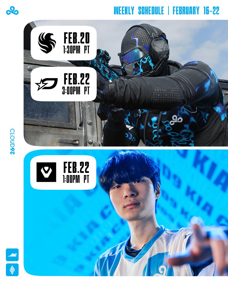 Cloud9's tweet photo. We've got some fiery match-ups for you to tune into 🔥

2/20 @C9COD_ 🆚 @Riyadh_Falcons 
2/22 @C9COD_ 🆚 @OpTic 
2/22 @C9LoL 🆚 @Sentinels