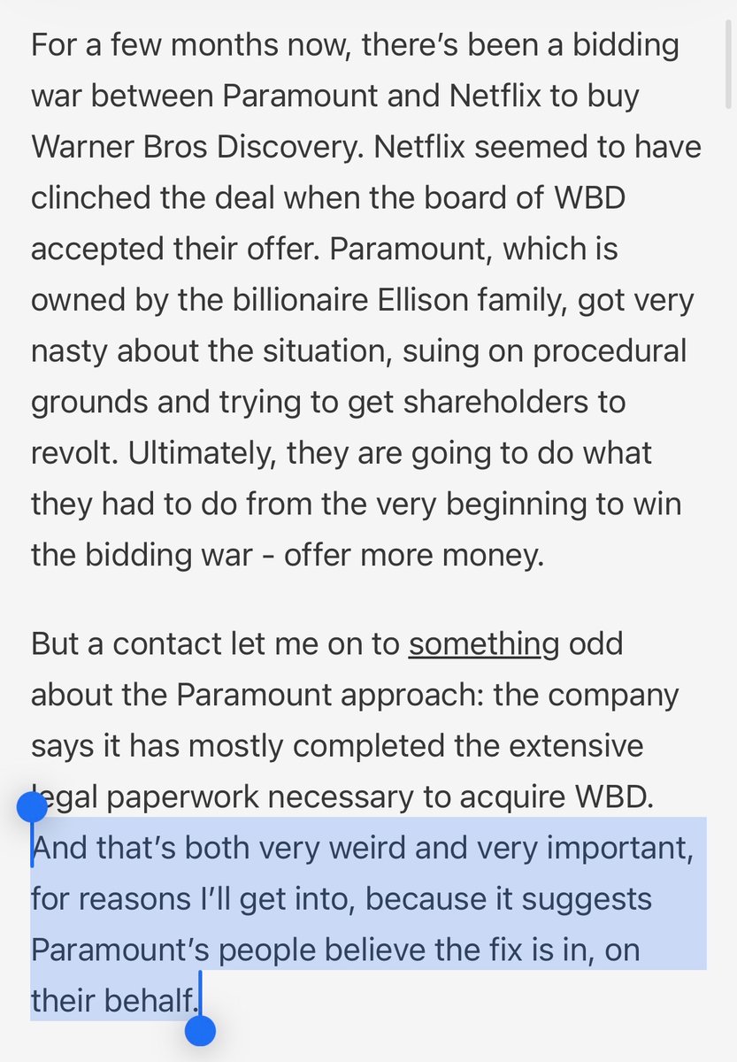 Important warning from <a href="/matthewstoller/">Matt Stoller</a> - if WBD accepts Paramount’s bid, this whole thing could be over really quickly