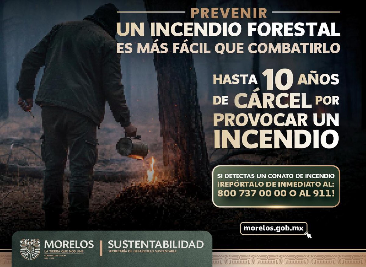🔥 ¡La prevención de incendios forestales está en tus manos! 

Evita ser parte de un desastre natural y recuerda que la multa por provocar un incendio puede ser hasta de 10 años de cárcel. 

🚨 Si ves un incendio, repórtalo inmediatamente al 800 737 00 00 o al 911. Todos juntos
