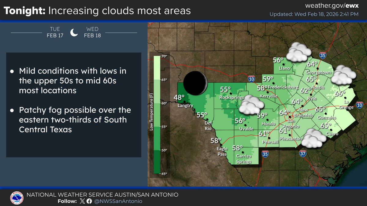 NWSSanAntonio's tweet photo. Increasing clouds tonight over the eastern two-thirds of the local area. Forecast lows in the upper 50s to mid 60s most locations. As far as the next few days, warm and dry with a cooler weekend and back to warm next week. #txwx https://t.co/m5WQOvOQxu