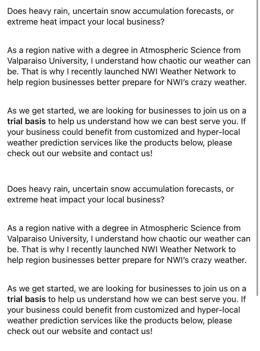 nwiwxnetwork's tweet photo. NWI Weather Network is launching! We would love to see if some businesses are interested in a free trial period! Some examples of our products are attached to this post. #nwi #northwestindiana #valpo https://t.co/d5VgtD1KKw