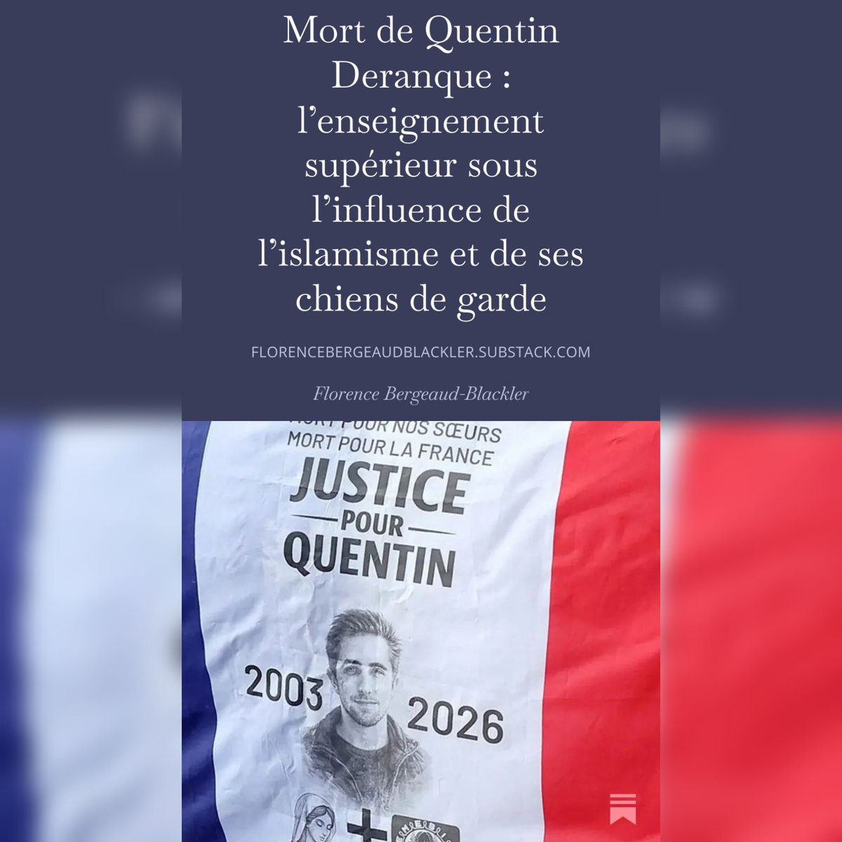 🇫🇷 FLASH - La prétendue chercheuse du CNRS, <a href="/FBBlackler/">Florence Bergeaud-Blackler 🎓</a>, attribue la mort de Quentin à Lyon à « l’islamisme », alors qu’aucun musulman ni mouvement communautaire ne sont impliqués dans cette rixe politique.

Son obsession idéologique devient maladive et dangereuse.