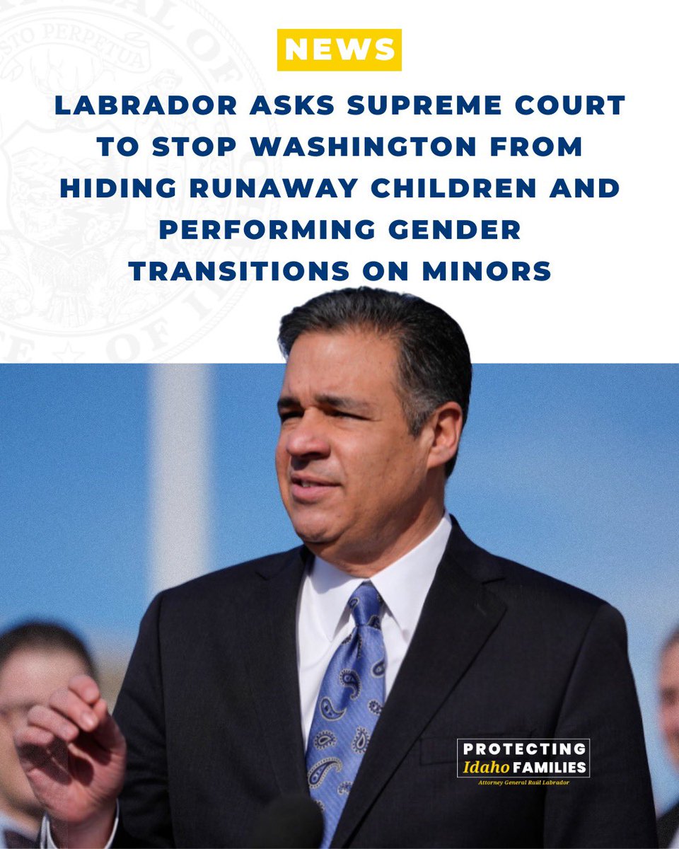 Raul_Labrador's tweet photo. Washington state law allows a child to run away from home and receive irreversible gender transition procedures without parental knowledge or consent. 

I'm urging the U.S. Supreme Court to take this case, reverse the Ninth Circuit, and protect parental rights. https://t.co/iJLk2UFDdZ