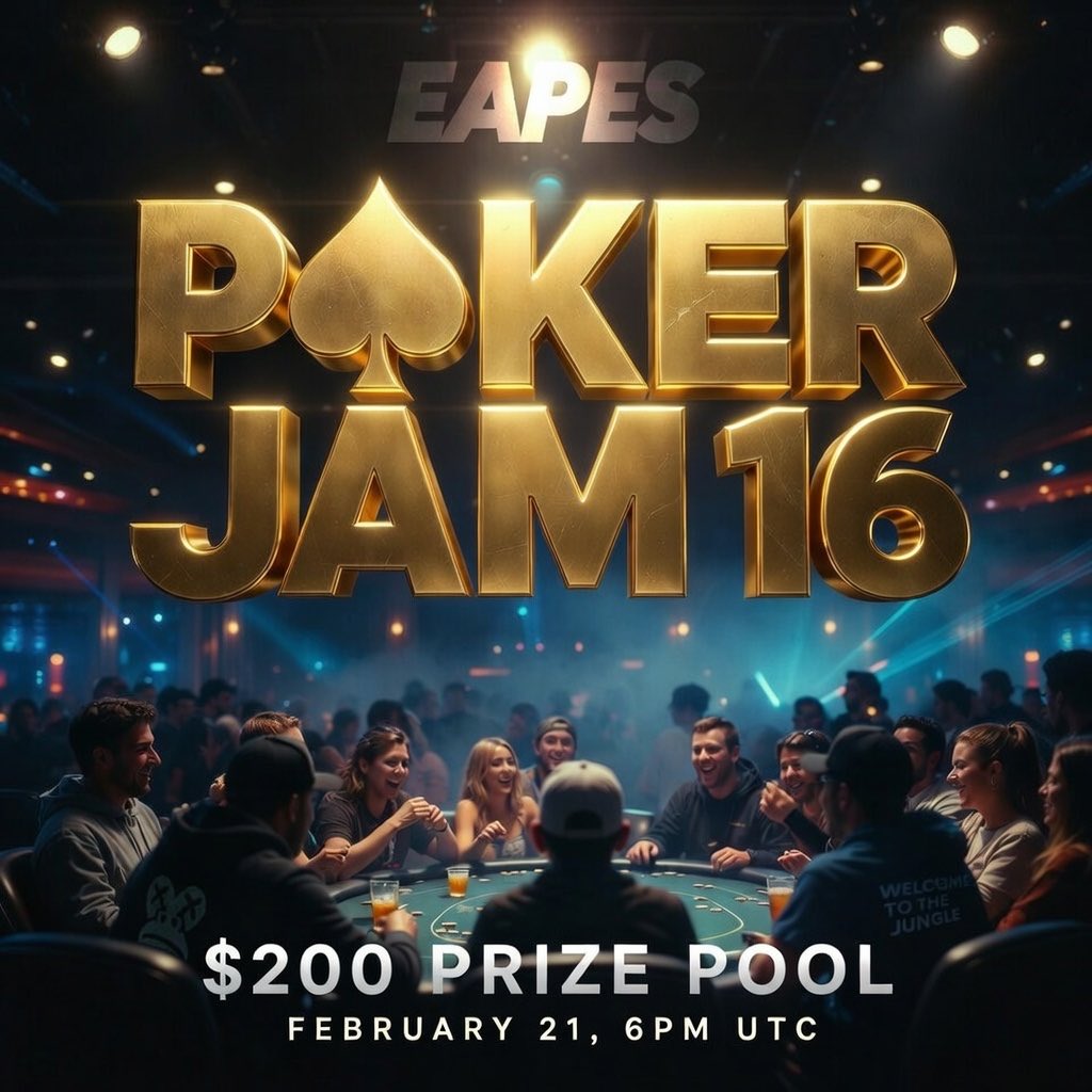 ♠️♥️ EAPES Poker Jam ♣️♦️

🗓 Saturday, Feb 21 – 6PM UTC
💰 Prize pool: ~200 USDC
🎟️ Free to play – reserve your seat: discord.gg/eapes-club-901…

Shuffle Up &amp; Deal and Vibe with the Tribe