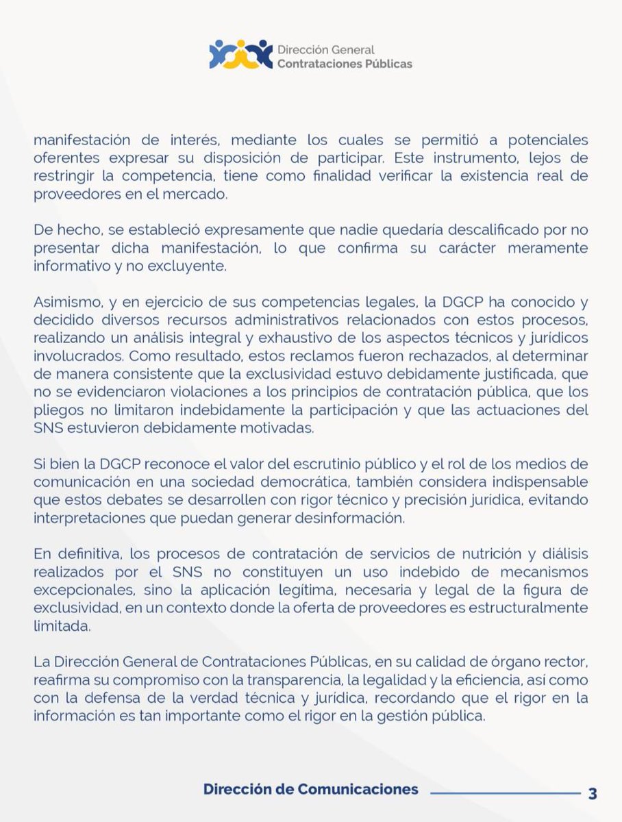 IMPORTANTE

🔵 La Dirección General de Contrataciones Públicas (DGCP) esclarece los fundamentos legales y técnicos que sustentan los procesos de contratación por exclusividad realizados por el Servicio Nacional de Salud (SNS).