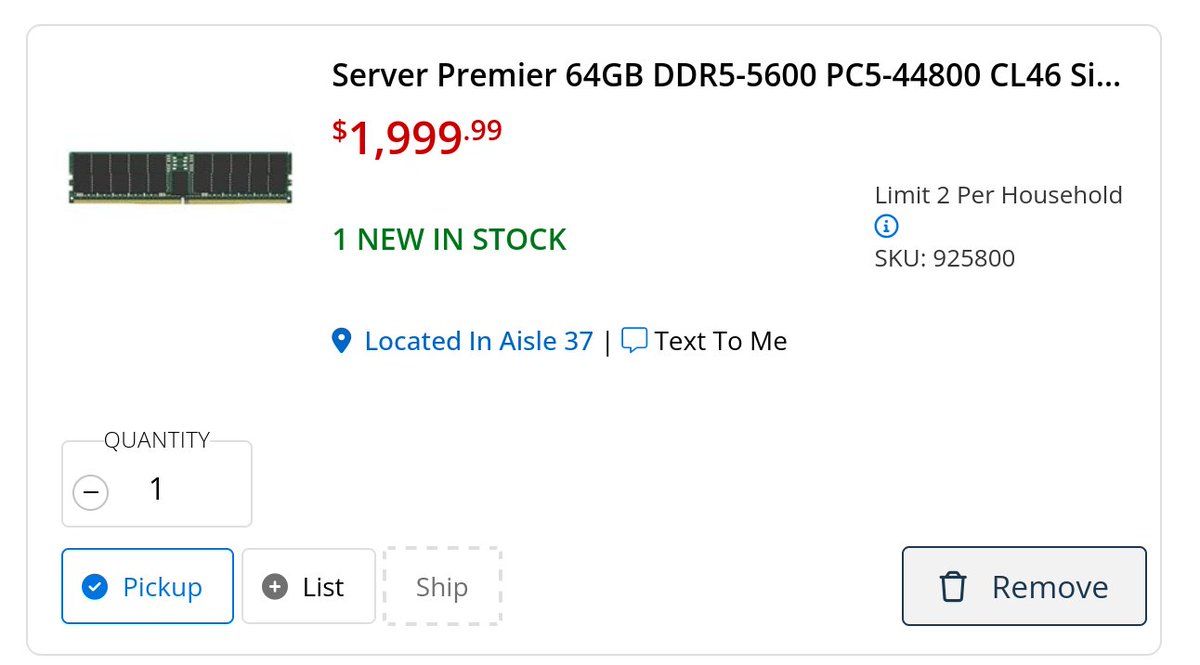 jamesob's tweet photo. DDR5-ECC RAM is lifting off
This was $1399.99 when I put it in my cart yesterday https://t.co/necfbxXOgS