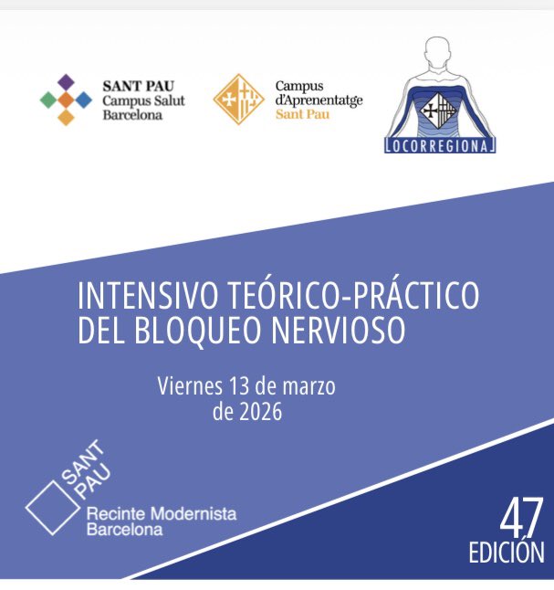AnestSantPau's tweet photo. YA FALTA POCO! Te esperamos en el Recinto Modernista del @HospitalSantPau el 13/03/26 en nuestro Curso de Bloqueo Nervioso. Apúntate 📍 https://t.co/bZmp38jHcW En esta edición, com énfasis en la seguridad del paciente #anestesiology #anestesiologia #safety #SENSAR https://t.co/ukJ0jtMZqy