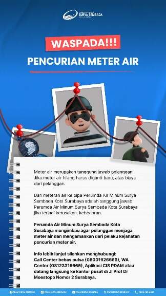 infosurabaya's tweet photo. PDAM Surabaya Waspadai Pencurian Meter Air, Pelanggan Diminta Cek Kanal Resmi
PDAM Surabaya menyoroti maraknya kasus pencurian meter air dengan modus penggergajian.
#pdamsurabaya #pdam #surabaya @PDAMSurabaya
Baca Selengkapnya..
https://t.co/j0Di1KrwsL https://t.co/SVtk7jGcbc