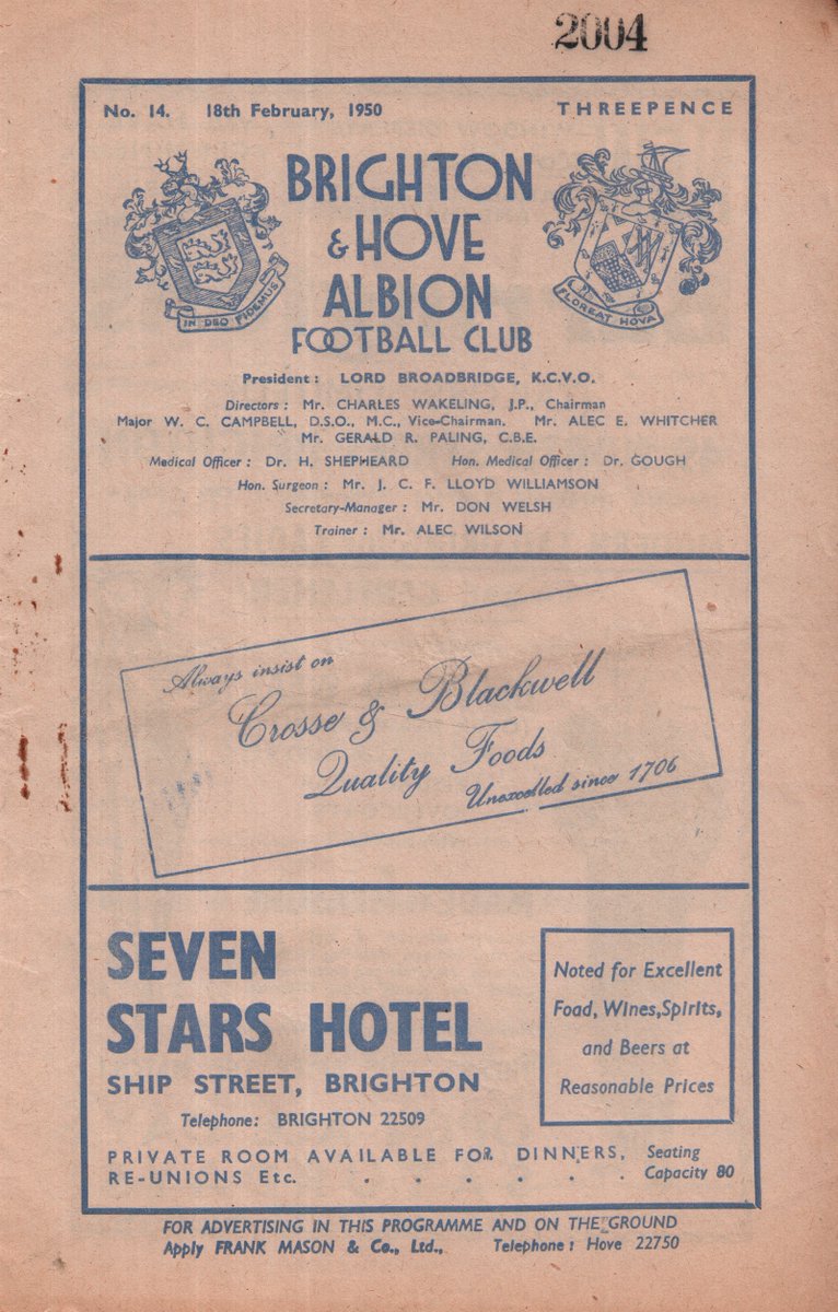 SeagullsProg's tweet image. On this day 1950, #BHAFC host #Walsall in a Division Three (South) fixture. It finishes 1-1, with Jimmy McNichol scoring the Albion goal, watched by 12,487. The result keeps us 12th in the table. seagullsprogrammes.co.uk
