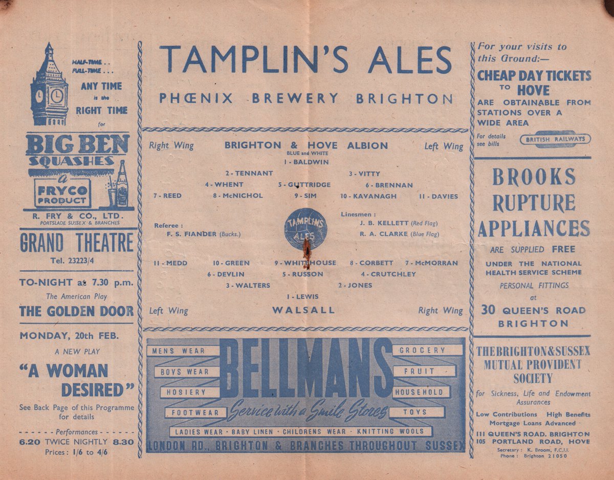 SeagullsProg's tweet image. On this day 1950, #BHAFC host #Walsall in a Division Three (South) fixture. It finishes 1-1, with Jimmy McNichol scoring the Albion goal, watched by 12,487. The result keeps us 12th in the table. seagullsprogrammes.co.uk