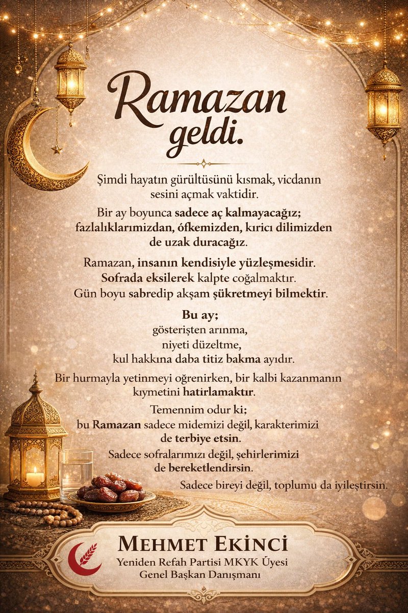 Ramazan, takvimde bir ayın adı değil; insanın kendi içine doğru yaptığı bir yolculuğun başlangıcıdır.

Bu ay, kalbimizi arındırmak; niyetimizi tazelemek; elimizi, dilimizi ve gönlümüzü daha dikkatli kullanmak için bir fırsattır. 
Bu mübarek ayın; kalplerimize sükûnet,