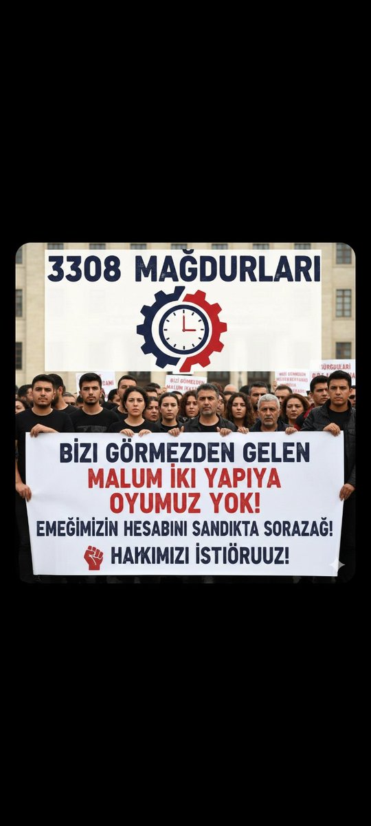 bjk1981umutt's tweet photo. 📢Bizler 3308 mağdurları olarak yıllardır emeğimizin, staj ve çıraklık dönemindeki alın terimizin hak ettiği karşılığı bulmasını bekliyoruz📌. 📌📌Ancak geldiğimiz noktada görüyoruz ki, sesimizi duymayan, 📌feryadımıza kulak tıkayanlar için artık yolun sonuna gelindi.📌
​Bugüne kadar bizi görmezden gelen, mağduriyetimizi sadece seçim dönemlerinde hatırlayan malum iki 📌yapıya karşı tavrımız nettir: 📌Bizi yok sayanı biz de sandıkta yok sayacağız. Artık boş vaatlere karnımız tok, 📌hakkımızı teslim etmeyenlere verecek tek bir oyumuz bile yok.📌 Nereye yöneleceğimiz değil, nereye 'dur' diyeceğimiz bellidir.📌 Emeğimizin hesabını sandıkta soracağız!" #BiziYokSayaniSandiktaYokSayariz