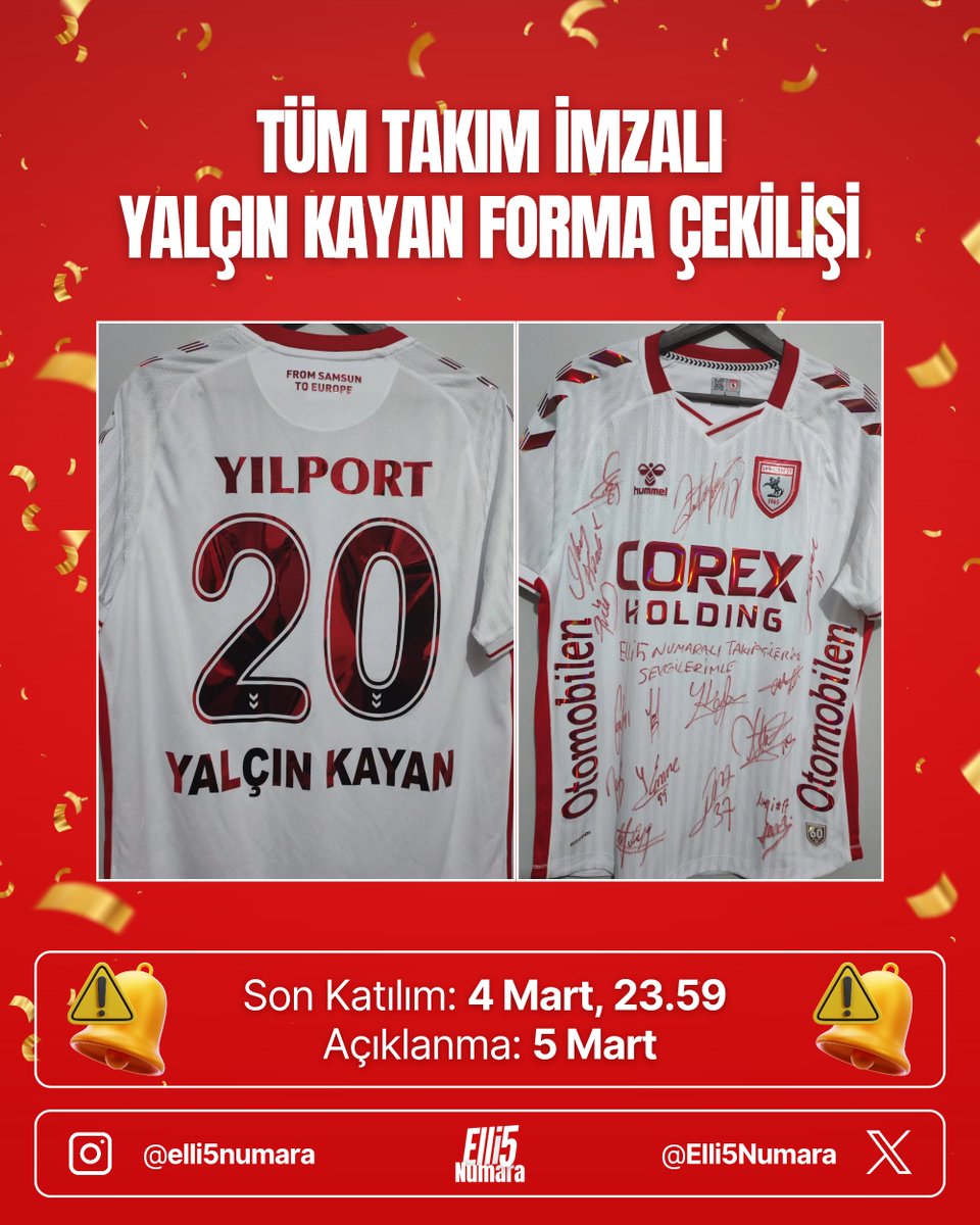 🎁 TÜM TAKIM İMZALI YALÇIN KAYAN FORMA ÇEKİLİŞİ 🎁

✅ <a href="/Elli5Numara/">Elli5Numara 🔴⚪⚫</a> Twitter (X) hesabını takip et.
✅ @elli5numara Instagram hesabını takip et.
🔗 instagram.com/elli5numara
✅ Bu gönderiye 3 arkadaşını etiketle, beğen ve RT yap. 

🚨 Son Katılım: 4 Mart, 23.59 
📢 Açıklanma: 5 Mart