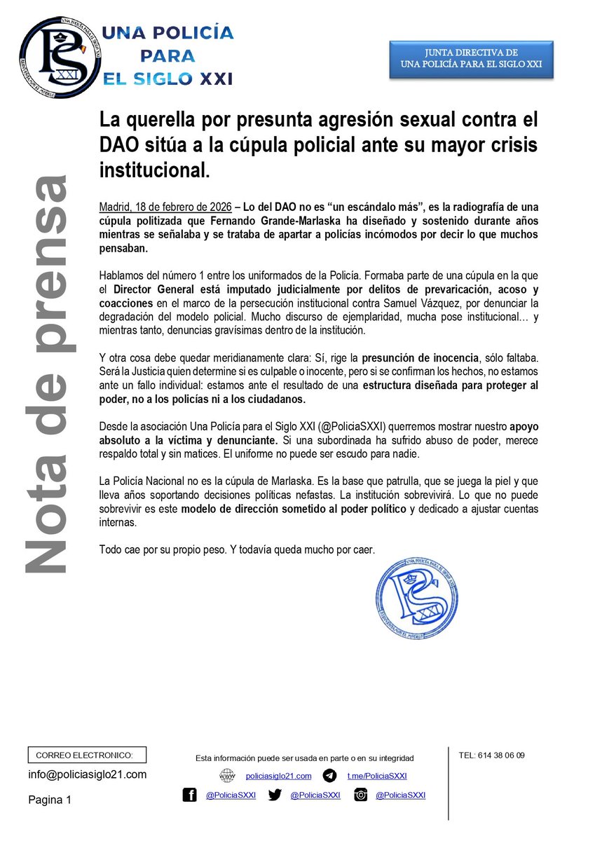 📢 NOTA DE PRENSA - La querella por presunta agresión sexual contra el DAO sitúa a la cúpula policial ante su mayor crisis institucional.

Desde <a href="/PoliciaSXXI/">Policía S.XXI </a> mostramos nuestro apoyo absoluto a la víctima y denunciamos un modelo de dirección sometido al poder político.