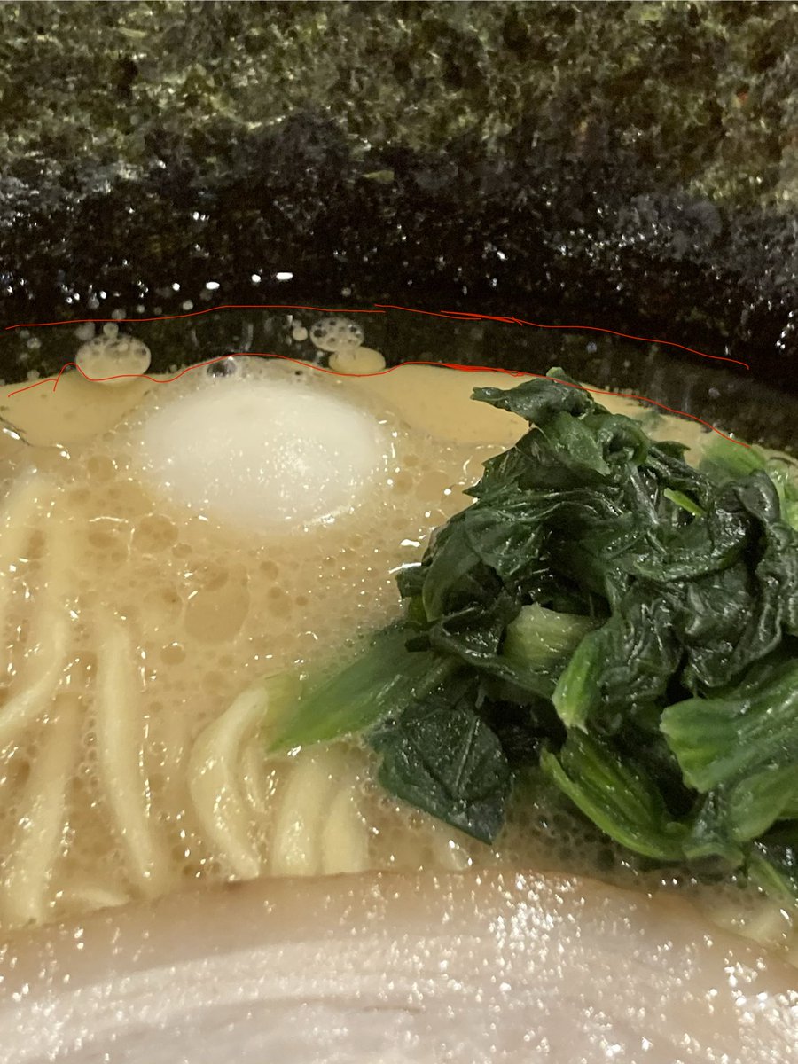 私は家系ラーメンが好きすぎて今年は週2回ぐらいのペースで食べてます。
これはこの前食べた油ヤバすぎる写真です。
赤いラインが油の層です。