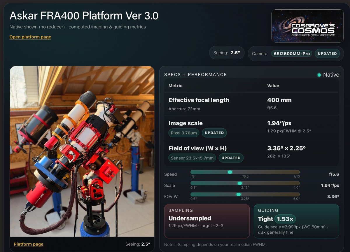 I just upgraded my Askar FRA400 Telescope platform with a new ASI2600MM-Pro Camera &amp; a Wanderer Astro V4-EC 125mm Motorized Cover. 

A full post documenting the upgrade process can be seen here:
cosgrovescosmos.com/astrogear/fpa4…

#astrophotography