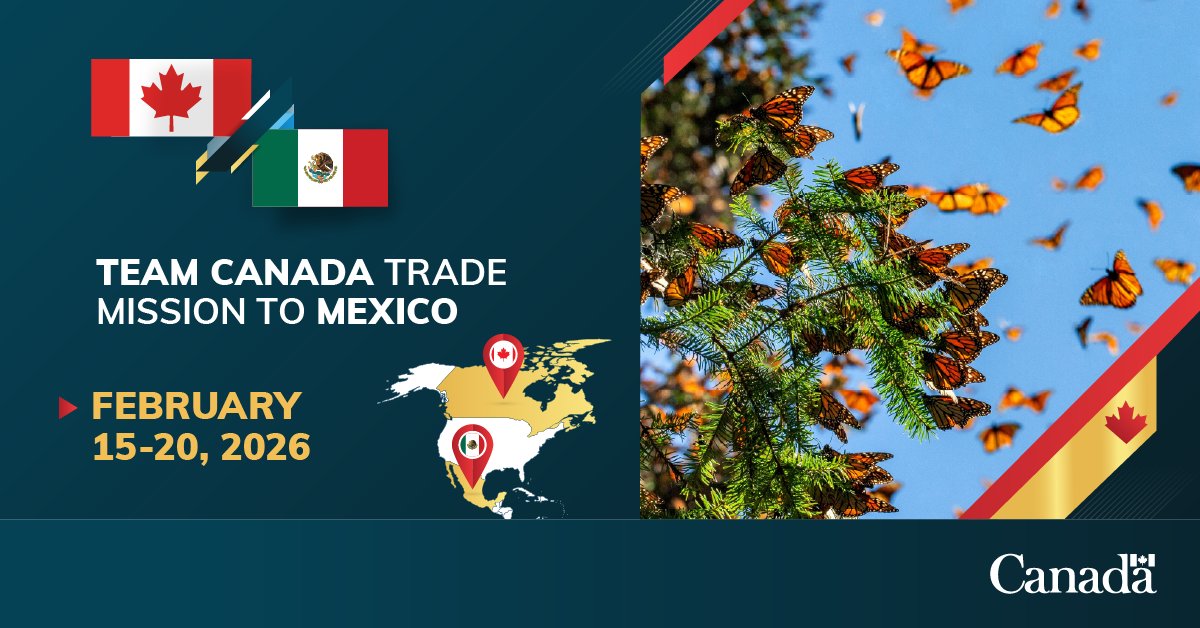 CanadaTrade's tweet photo. A journey without borders.

🦋✈️Every year, the Monarch butterfly travels 4,000 kilometres from Canada to Mexico, a living symbol of our shared home. As Team Canada Trade Mission delegates makes connections in Mexico, we’re celebrating our shared roots. 🧵👇 https://t.co/OVmg5EgIi1