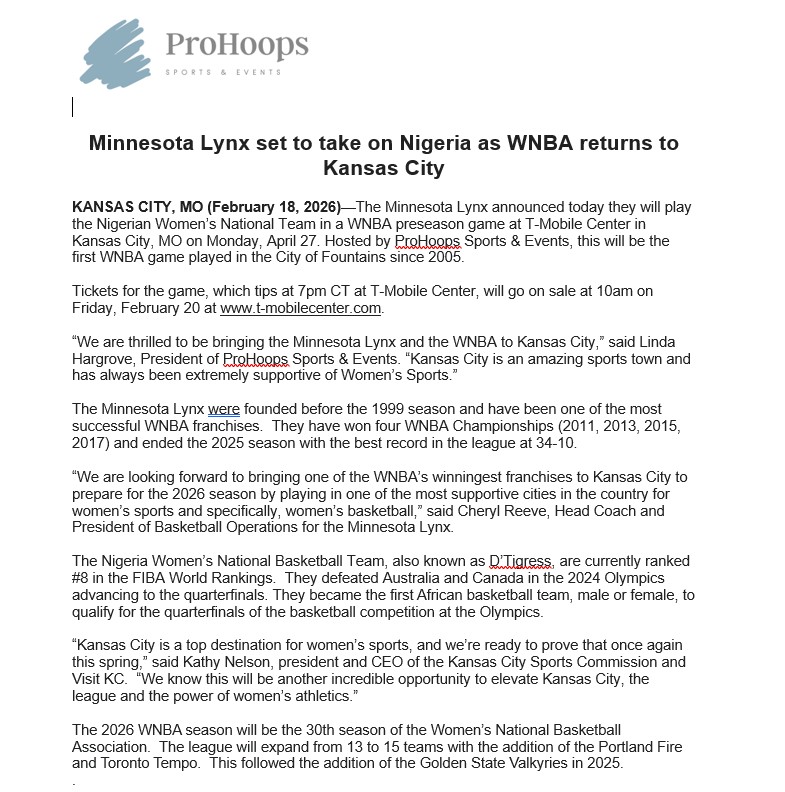 WNBA preseason coming to Kansas City.  <a href="/tmobilecenter/">T-Mobile Center</a> <a href="/minnesotalynx/">Minnesota Lynx</a> <a href="/OfficialTNBball/">Official Team Nigeria Basketball</a> <a href="/VisitKC/">Visit KC</a> <a href="/SportKC/">KC Sports Commission</a> <a href="/WINforKC/">WIN for KC</a>
