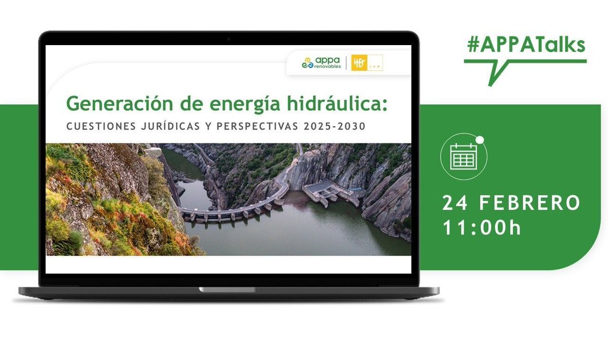 APPA_Renovables's tweet photo. 💬 #APPATalks | Generación de energía #hidráulica: cuestiones jurídicas y perspectivas 2025-2030 💧 Analizamos concesiones, extinción de títulos, #repotenciación, #hibridación y retos regulatorios en el marco del nuevo #PNIEC, de la mano de @iter_law
👇📥 Inscripción gratuita | 🗓️ 24 febrero | 11:00h
https://t.co/ekXaPnEgL6