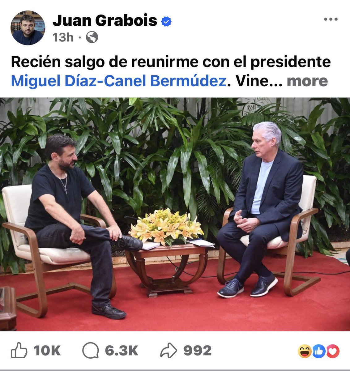 Otra muestra de la miseria humana de nuestra región. 
Acá está <a href="/JuanGrabois/">Juan Grabois</a> el socialista que enfrentaba a <a href="/JMilei/">Javier Milei</a> en las pasadas elecciones en Argentina. Hoy sentado con el Dictador en la Habana. <a href="/JuanGrabois/">Juan Grabois</a> y el Kirchnerismo también son culpables de la opresión a los cubanos.