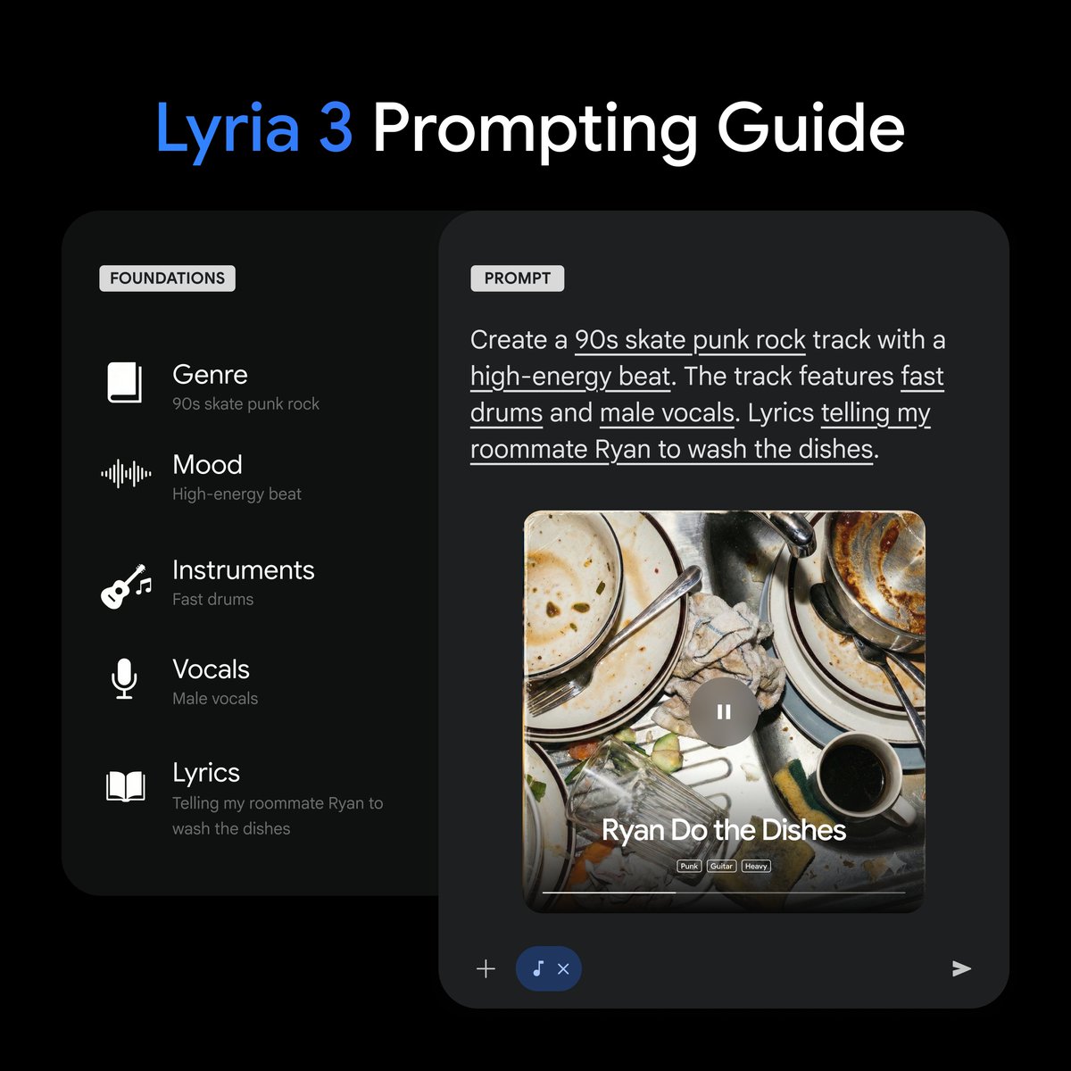 GeminiApp's tweet photo. Here are some useful prompting tips to get the most out of our new music generation model in Gemini, Lyria 3 ↓