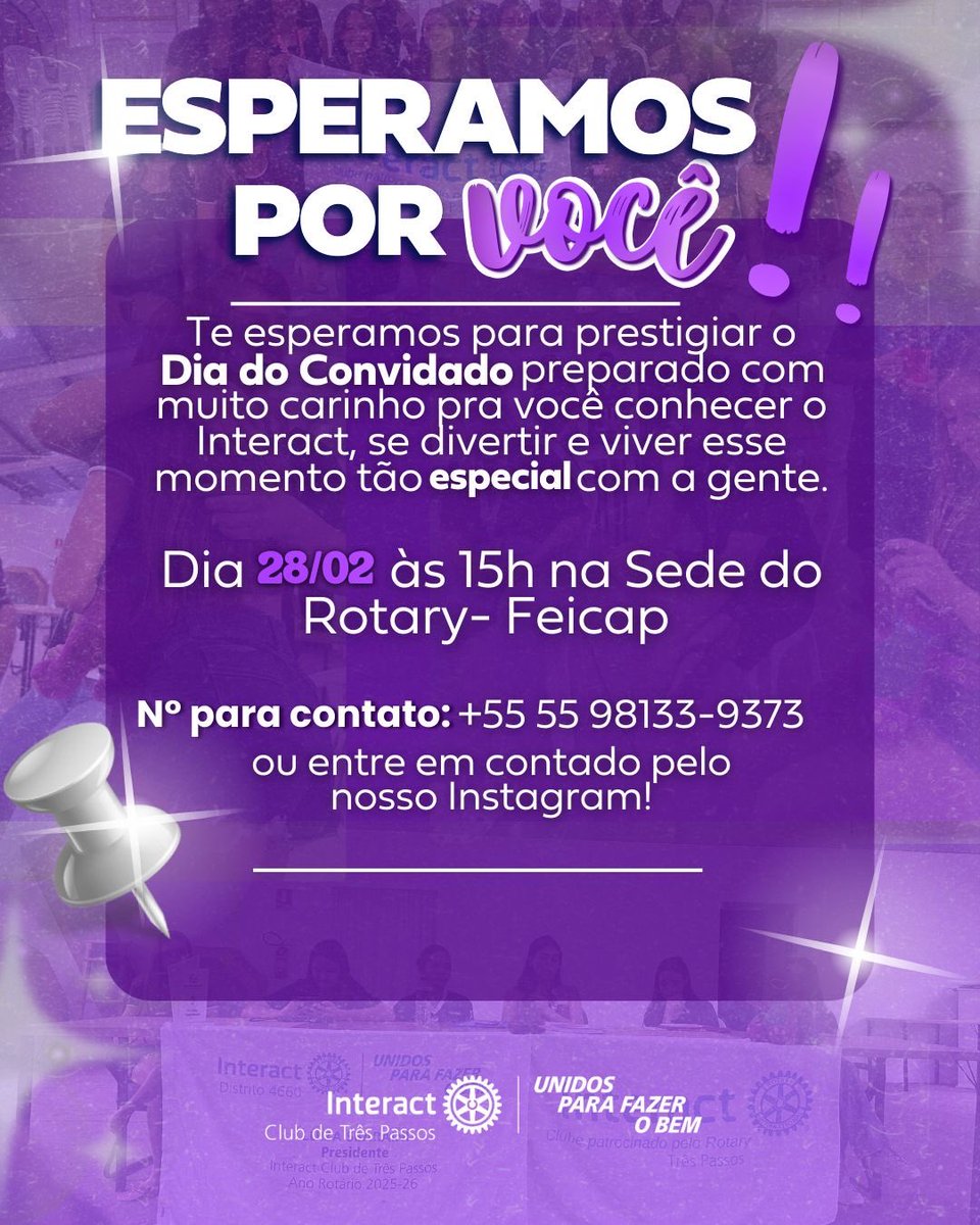 interacttp's tweet image. Oiiii, temos uma super novidade! 🎉✨

No dia 28 de fevereiro, às 15h, teremos o nosso Dia do Convidado, na sede do Rotary, na Feicap 📍💛

Venha conhecer o que fazemos e fazer parte de um propósito maior de voluntariado, amizade e impacto na comunidade 🤝🌍

Esperamos você! ✨💜