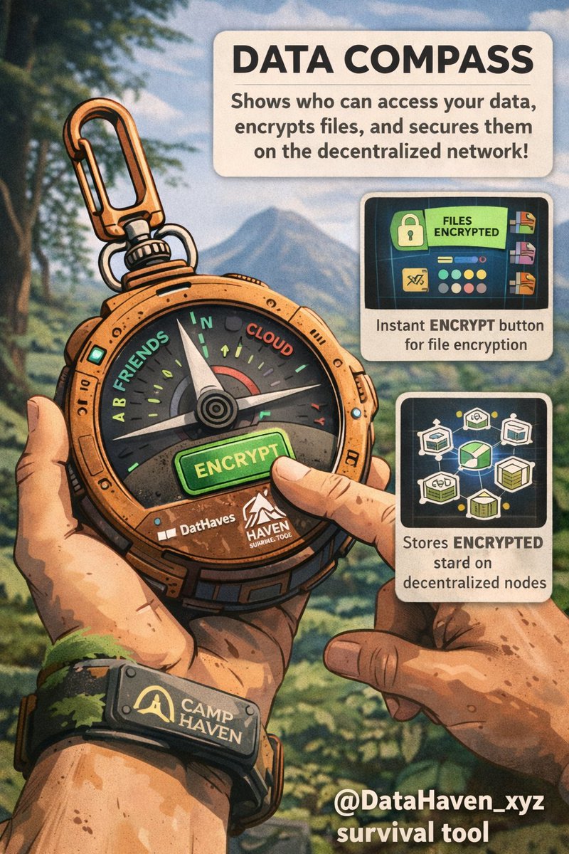 giusto85's tweet photo. Meet my Survival Tool for Camp Haven: the “Data Compass” 🧭 — a smart device that shows who can access your data, encrypts files instantly, and stores them securely on decentralized nodes. Stay safe, stay sovereign with @DataHaven_xyz. https://t.co/lBrp9g8zaV