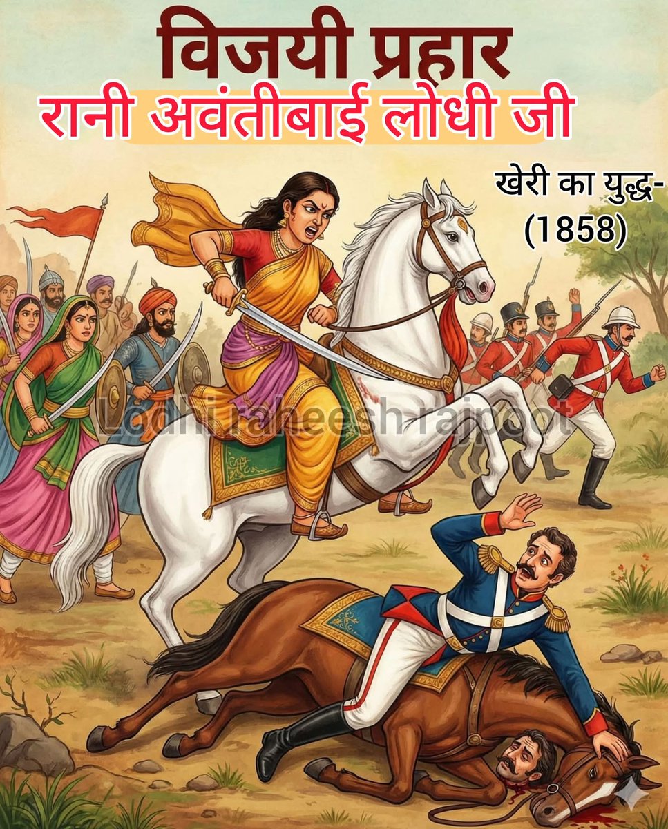 #खेरी_का_रण – रानी की वीरता का ज्वालामुखी! 🔥
खेरी के युद्ध में रानी ने वाडिंगटन पर ऐसा भीषण प्रहार किया कि उसका घोड़ा बुरी तरह घायल होकर धराशायी हो गया। उस प्रचंड वार से घबराकर वाडिंगटन को अपनी जान बचाकर मैदान छोड़कर भागना पड़ा।
#रानी_अवंतीबाई_लोधी 🙏