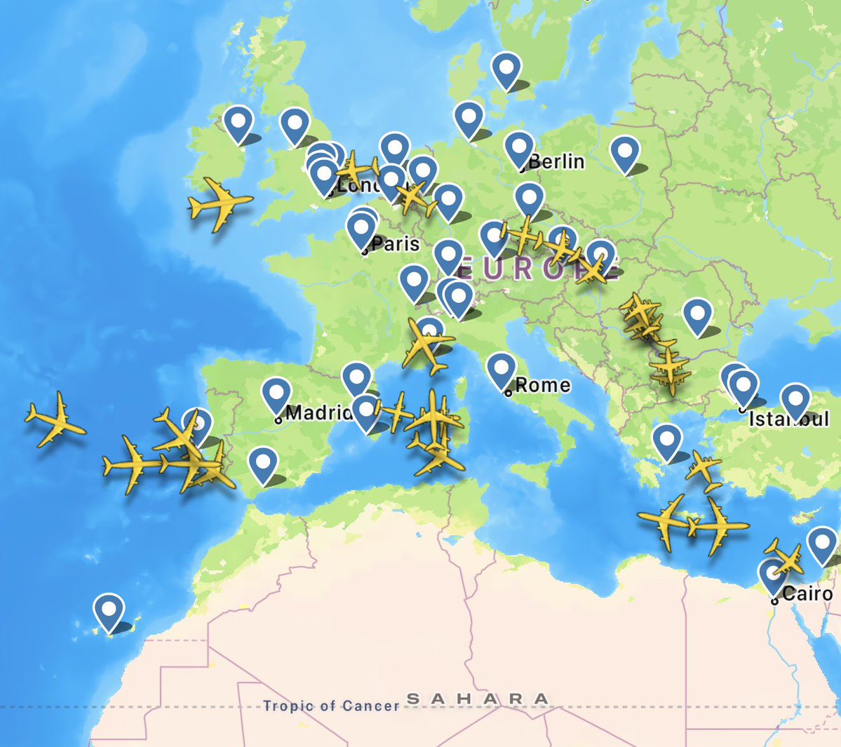 One of the busiest days for the U.S. Air Force in Europe that I have seen in recent history, with close to a dozen KC-135R/T Stratotankers airborne across the Mediterranean and off the coast of Spain, while a steady line of C-17A Globemaster IIIs can be seen heading towards and
