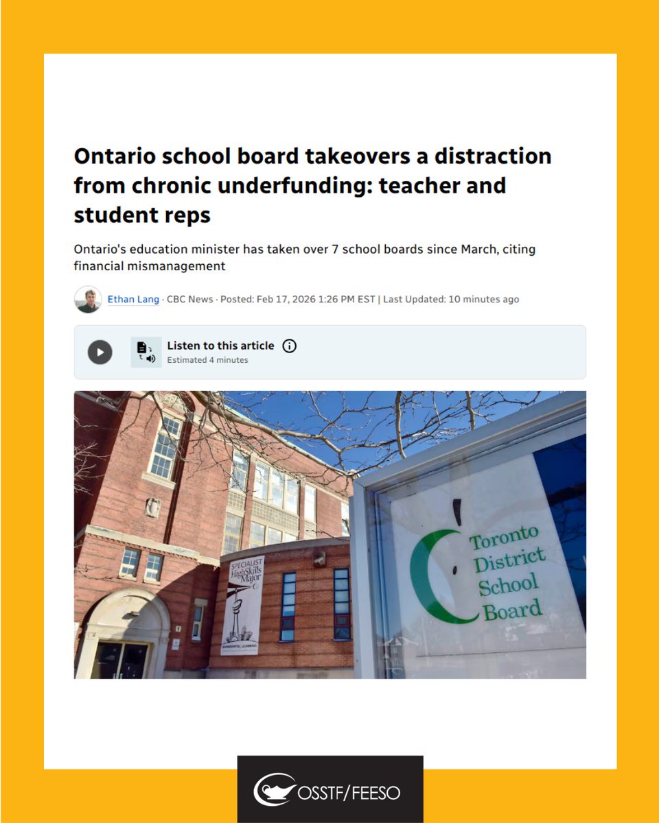osstf's tweet image. News coverage from yesterday’s press conference highlights @marthahradowy, President of #OSSTF, calling out the Ontario government’s school board takeovers for what they are: a distraction from chronic underfunding.

“Supervision doesn’t address chronic underfunding. It does not