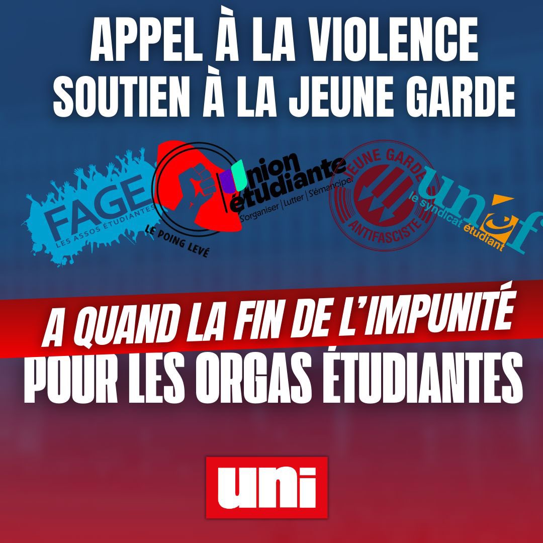 Alors que les liens entre la gauche et la jeune garde et tous les groupuscules antifas violents sont enfin discutés malgré nos alertes, il est important de dire que l’ensemble des organisations représentatives étudiantes soutiennent ces groupuscules alors que nous sommes la SEULE