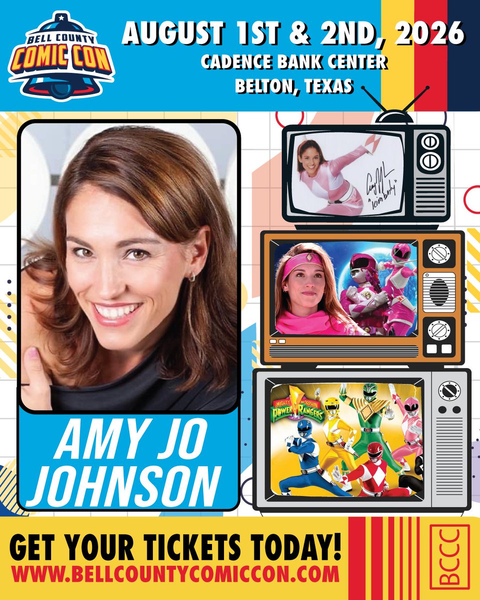 AMY JO JOHNSON (ACTRESS)
Mighty Morphin Power Rangers, Felicity, Flashpoint

Purchase Your Tickets Here:
checkout.conventions.leapevent.tech/eh/Bell_County…

Don’t miss your chance to meet the Original Pink Ranger at BCCC 2026!

Bell County Comic Con
August 1 &amp; 2, 2026

Event Info:
bellcountycomiccon.com