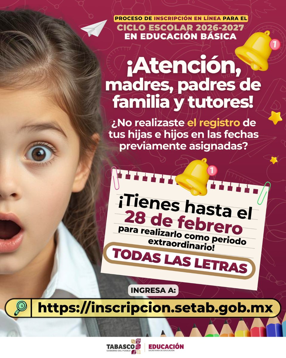¿Se te pasó la fecha de inscripción? ¡Aún estás a tiempo!
La SETAB habilita un periodo extraordinario para que realices el trámite de inscripción en línea.
📅 Tienes hasta el 28 de febrero
📩inscripcionenlinea@correo.setab.gob.mx
 ⏰Disponible las 24 horas, para todas las letras